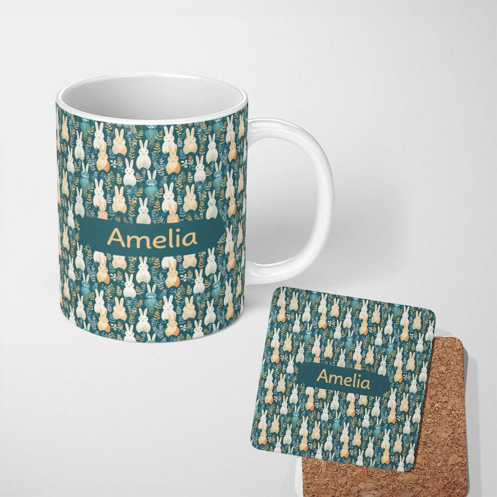 Personalized Custom Name Cute Pastel Bunny Botanical Folk Art Seamless Pattern Lovely 11oz Ceramic Coffee Tea Mug White Large Handle