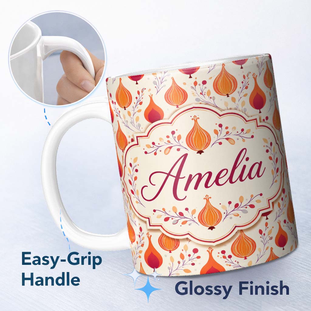 Personalized Custom Name Bright Orange Onion Seamless Pattern Modern Folk Botanical Design 11oz Ceramic Coffee Tea Mug White Large Handle
