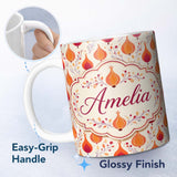 Personalized Custom Name Bright Orange Onion Seamless Pattern Modern Folk Botanical Design 11oz Ceramic Coffee Tea Mug White Large Handle