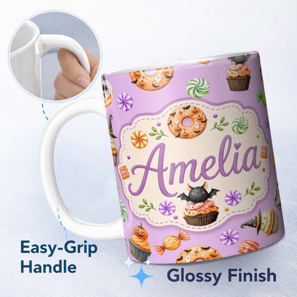 Personalized Custom Name Cute Halloween Spooky Donuts Cupcakes Treats Purple Background 11oz Ceramic Coffee Tea Mug White Large Handle