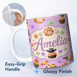 Personalized Custom Name Cute Halloween Spooky Donuts Cupcakes Treats Purple Background 11oz Ceramic Coffee Tea Mug White Large Handle