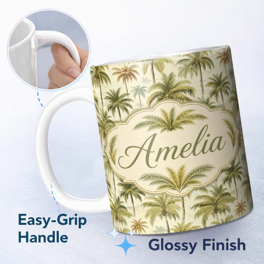 Personalized Custom Name Vintage Style Palm Tree Landscape Pattern in Soft Green and Beige 11oz Ceramic Coffee Tea Mug White Large Handle