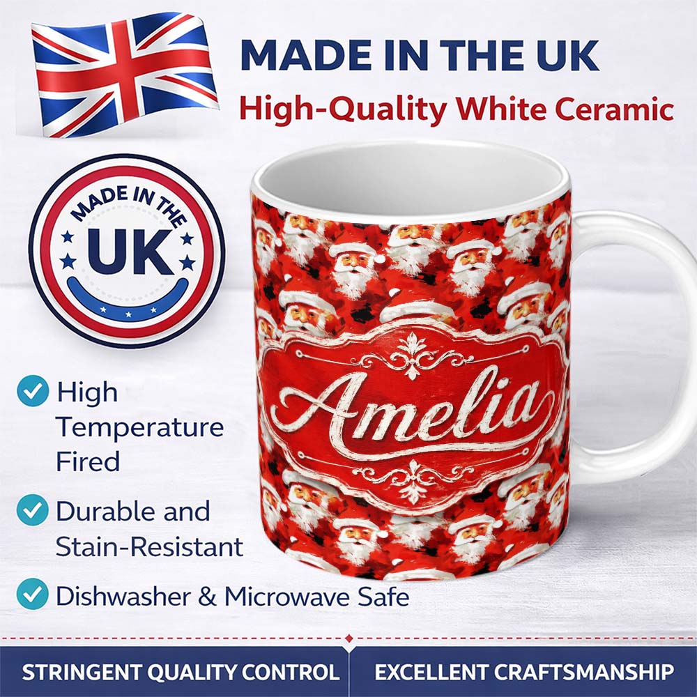 Personalized Custom Name Painterly Santa Faces Red Abstract Christmas Festive Brushstroke 11oz Ceramic Coffee Tea Mug White Large Handle