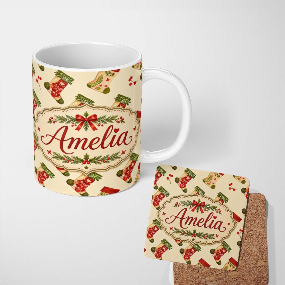 Personalized Custom Name Festive Christmas Stockings Holly Berries and Holiday Decor Seamless 11oz Ceramic Coffee Tea Mug White Large Handle