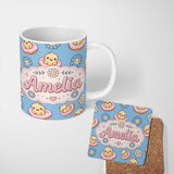 Personalized Custom Name Cute Baby Chick Donut Flowers Seamless Pattern Blue Background 11oz Ceramic Coffee Tea Mug White Large Handle
