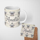 Personalized Custom Name Cute Koala Bears with Stars Beige Background Seamless Pattern Lovely 11oz Ceramic Coffee Tea Mug White Large Handle