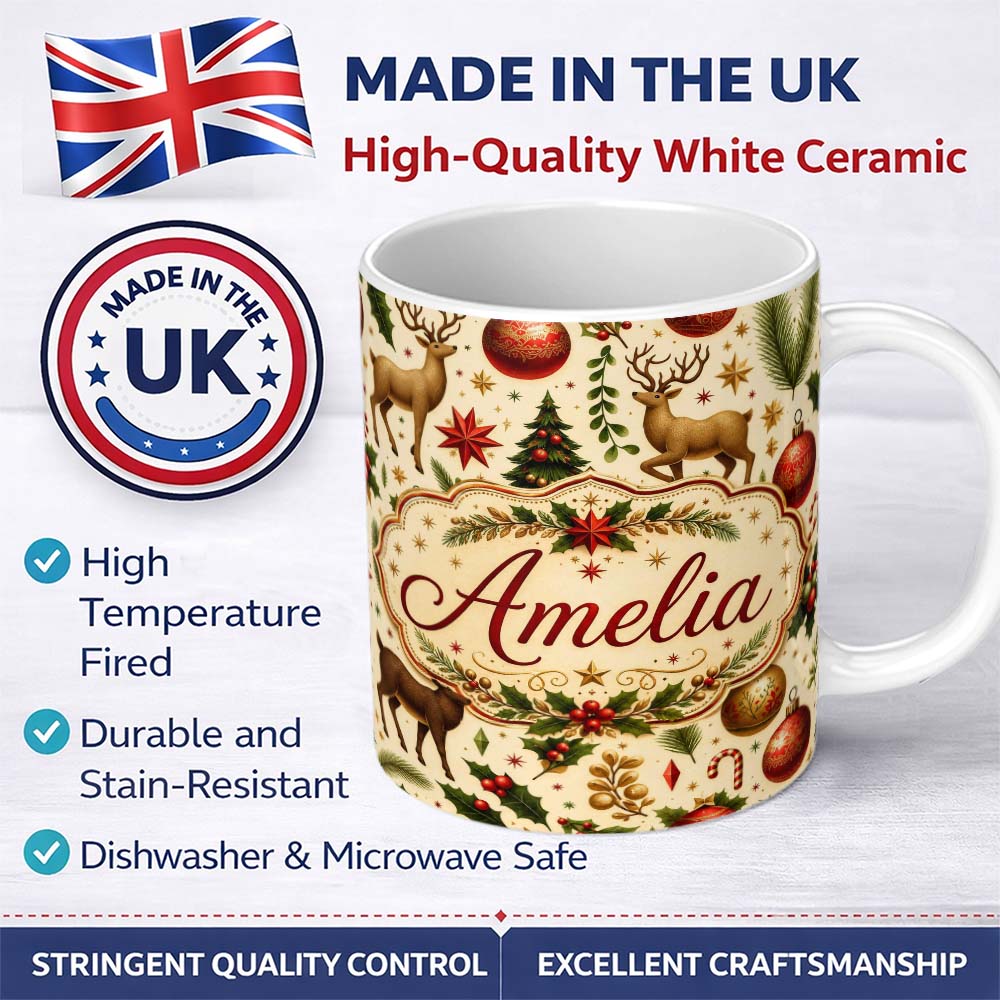 Personalized Custom Name Festive Reindeer Christmas Trees Stars Baubles Seamless Pattern 11oz Ceramic Coffee Tea Mug White Large Handle