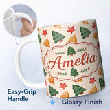 Personalized Custom Name Watercolor Christmas Bells Stars and Trees Seamless Pattern Lovely 11oz Ceramic Coffee Tea Mug White Large Handle