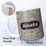 Personalized Custom Name Wave Line Texture Black Cream Flowing Abstract Stripe Pattern Lovely 11oz Ceramic Coffee Tea Mug White Large Handle