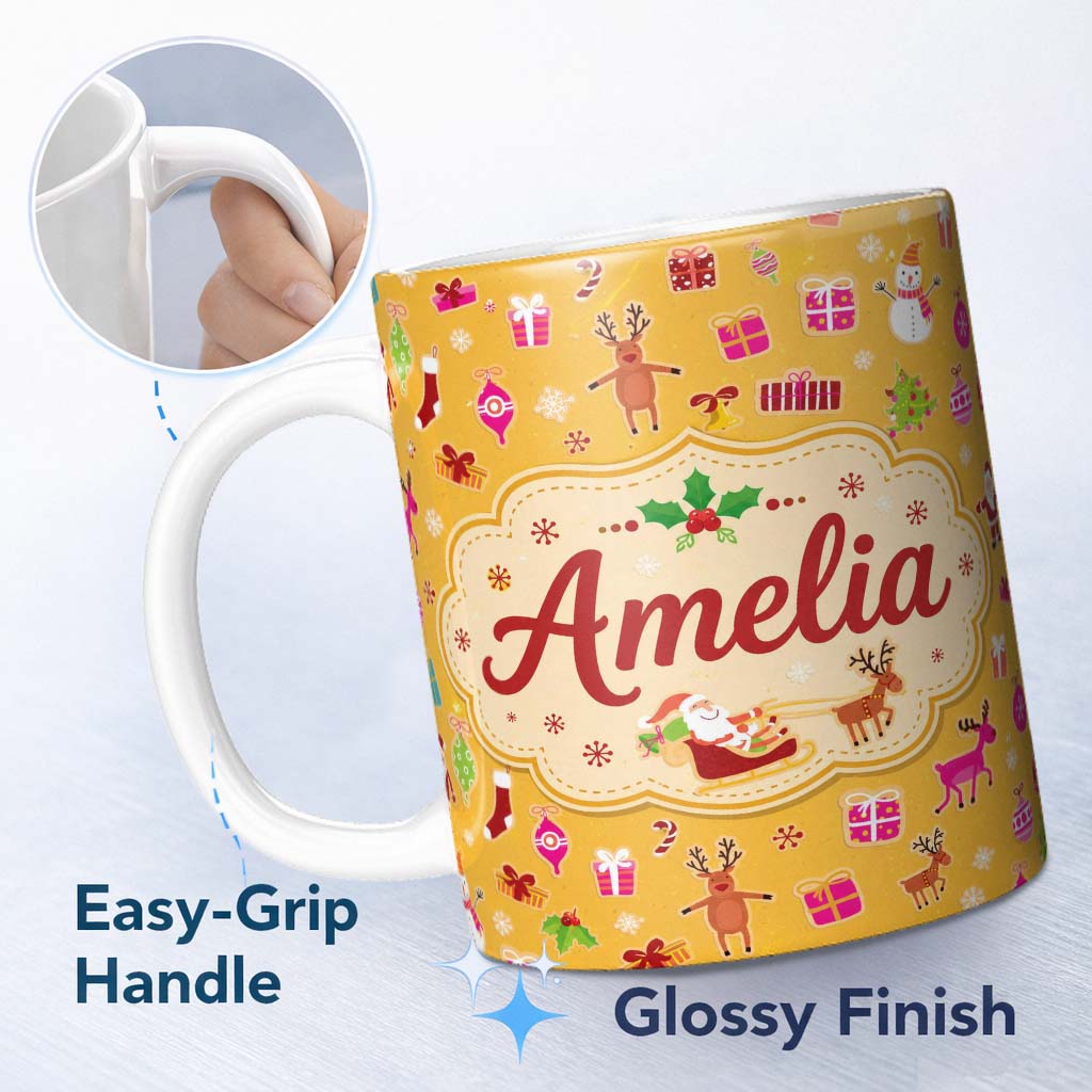 Personalized Custom Name Cute Santa Reindeer Snowman Christmas Seamless Pattern Lovely 11oz Ceramic Coffee Tea Mug White Large Handle