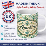 Personalized Custom Name Elegant Geometric Floral Tile Green and Gold Seamless Pattern Lovely 11oz Ceramic Coffee Tea Mug White Large Handle