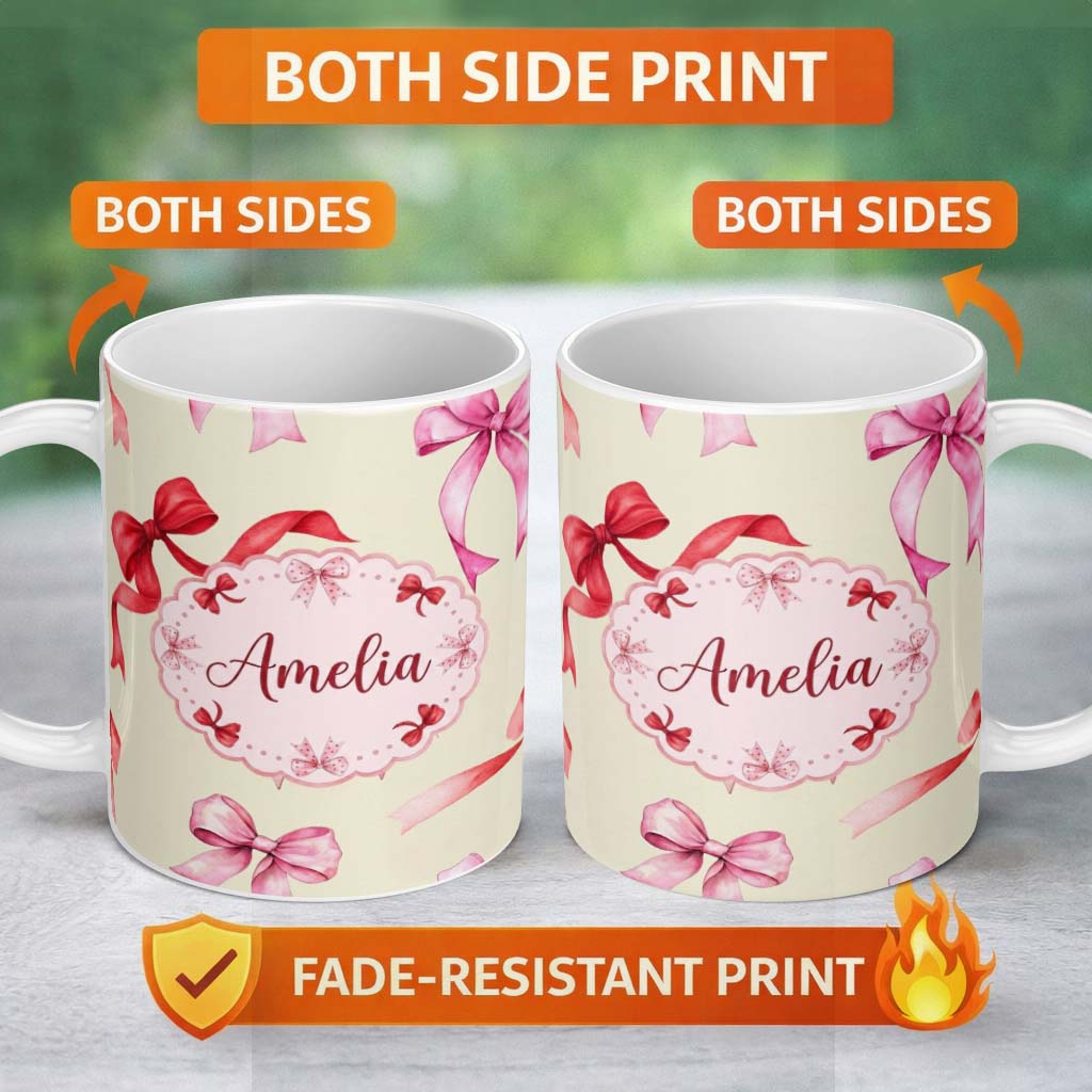 Personalized Custom Name Watercolor Ribbon Bow Seamless Pattern on Cream Background Lovely 11oz Ceramic Coffee Tea Mug White Large Handle