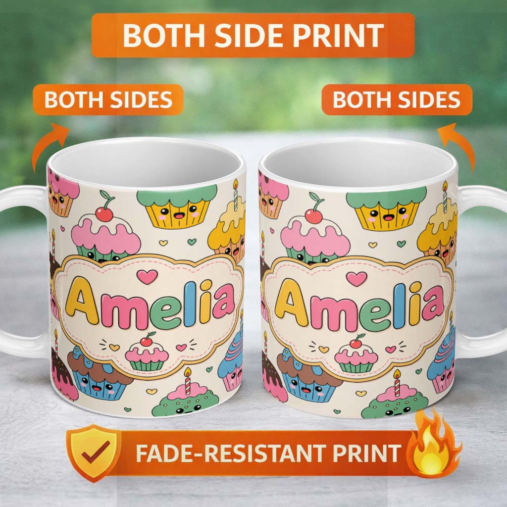 Personalized Custom Name Cute Birthday Cupcakes Candles Sweet Treats Seamless Pattern Lovely 11oz Ceramic Coffee Tea Mug White Large Handle