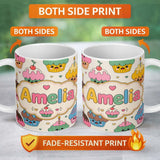 Personalized Custom Name Cute Birthday Cupcakes Candles Sweet Treats Seamless Pattern Lovely 11oz Ceramic Coffee Tea Mug White Large Handle