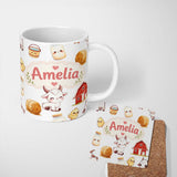 Personalized Custom Name Cute Farm Goat Barn Hay Bale Chick Milk Bucket Grey Background 11oz Ceramic Coffee Tea Mug White Large Handle