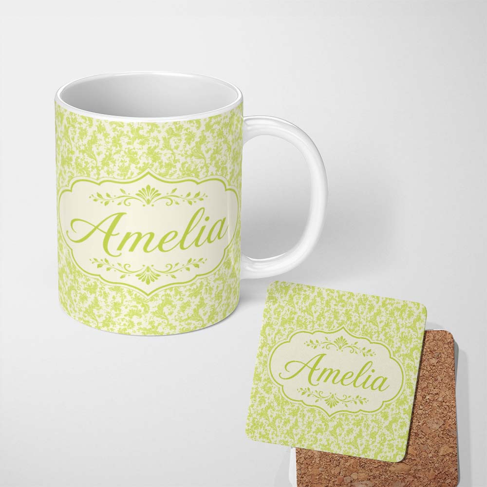 Personalized Custom Name Elegant Green Damask Floral Vintage Seamless Pattern Lovely 11oz Ceramic Coffee Tea Mug White Large Handle