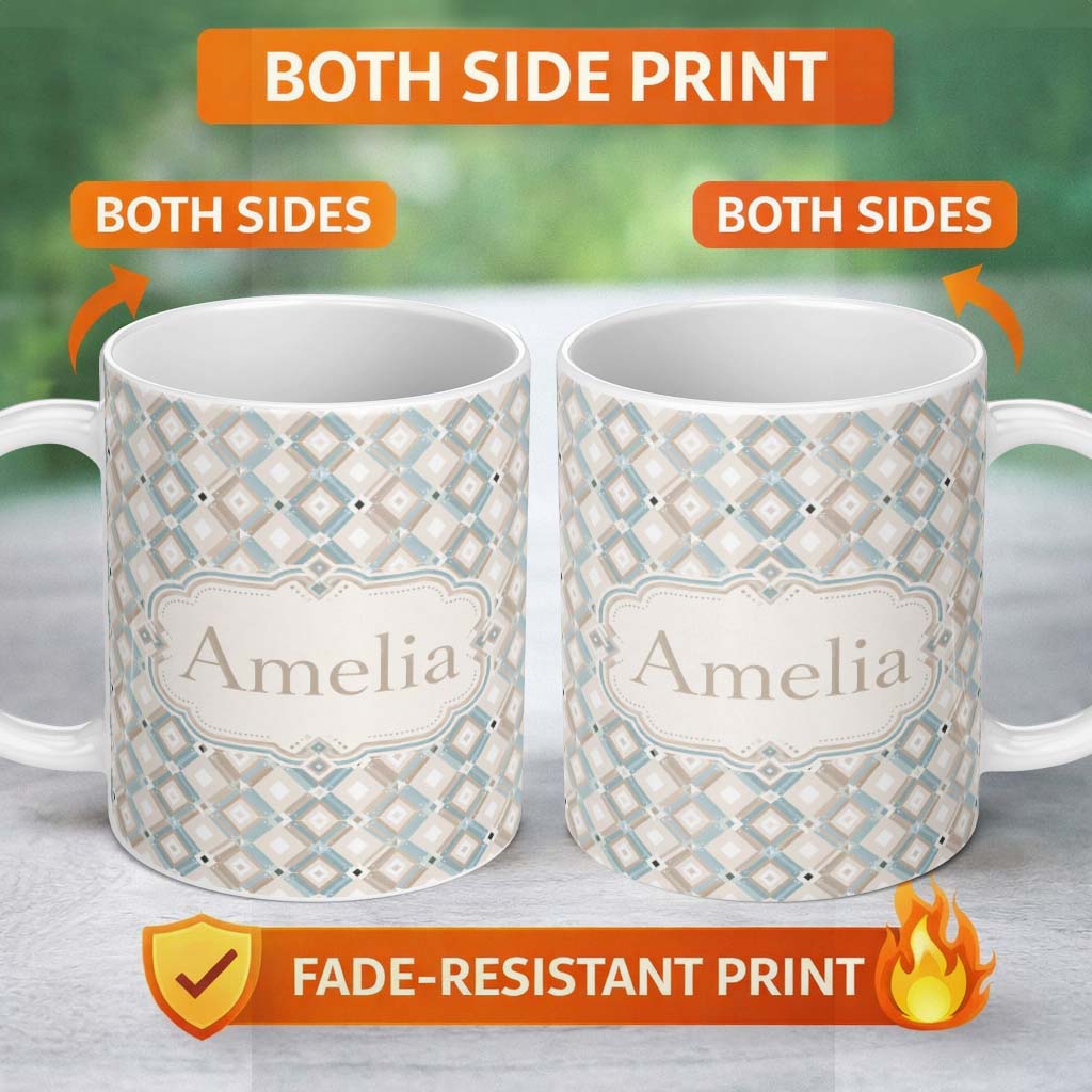 Personalized Custom Name Pastel Geometric Diamond Pattern Soft Neutral Tones Seamless Pattern 11oz Ceramic Coffee Tea Mug White Large Handle