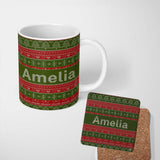 Personalized Custom Name Green Red Nordic Christmas Tree Snowflake Fair Isle Seamless Pattern 11oz Ceramic Coffee Tea Mug White Large Handle