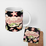 Personalized Custom Name Cute Kawaii Sea Turtle Starfish Shells Ocean Friends Black Lovely 11oz Ceramic Coffee Tea Mug White Large Handle