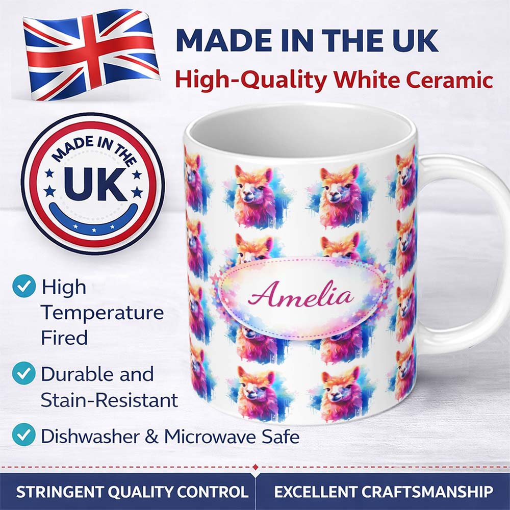 Personalized Custom Name Colourful Alpaca Pattern Bright Artistic Animal Design Lovely 11oz Ceramic Coffee Tea Mug White Large Handle