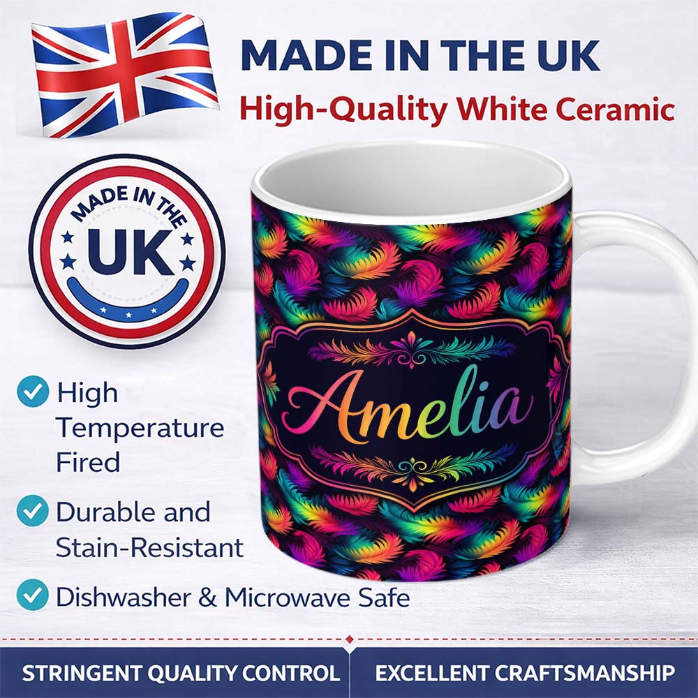 Personalized Custom Name Vibrant Rainbow Feather Pattern on Black Background Seamless Lovely 11oz Ceramic Coffee Tea Mug White Large Handle