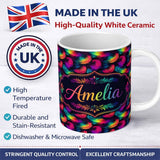 Personalized Custom Name Vibrant Rainbow Feather Pattern on Black Background Seamless Lovely 11oz Ceramic Coffee Tea Mug White Large Handle