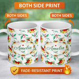 Personalized Custom Name Watercolor Christmas Bells Holly Berry Festive Seamless Pattern 11oz Ceramic Coffee Tea Mug White Large Handle