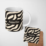 Personalized Custom Name Fluid Zebra Waves Black Cream Organic Stripe Pattern Lovely 11oz Ceramic Coffee Tea Mug White Large Handle