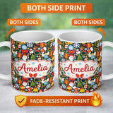 Personalized Custom Name Cute Christmas Tree Snowman Reindeer Gift Snowflake Seamless Pattern 11oz Ceramic Coffee Tea Mug White Large Handle