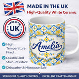 Personalized Custom Name Blue and Yellow Mediterranean Tile Pattern with Floral Motifs Lovely 11oz Ceramic Coffee Tea Mug White Large Handle