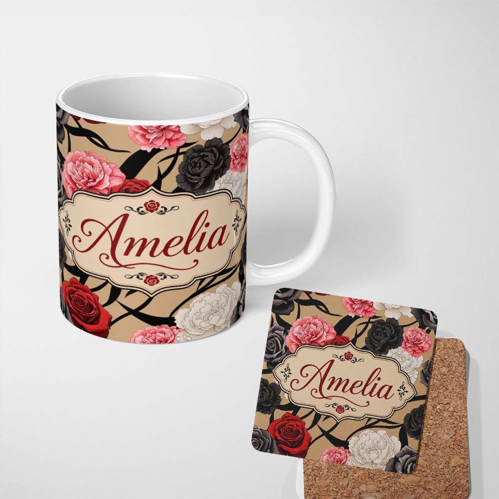 Personalized Custom Name Elegant Rose Floral with Black Red and White Flowers on Beige Lovely 11oz Ceramic Coffee Tea Mug White Large Handle