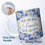 Personalized Custom Name Bold Blue White Botanical Floral Seamless Pattern Cute Unique Gift 11oz Ceramic Coffee Tea Mug White Large Handle