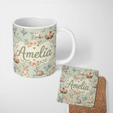 Personalized Custom Name Cute Woodland Animals Koala Kangaroo Bear Floral Pattern Sage Green 11oz Ceramic Coffee Tea Mug White Large Handle