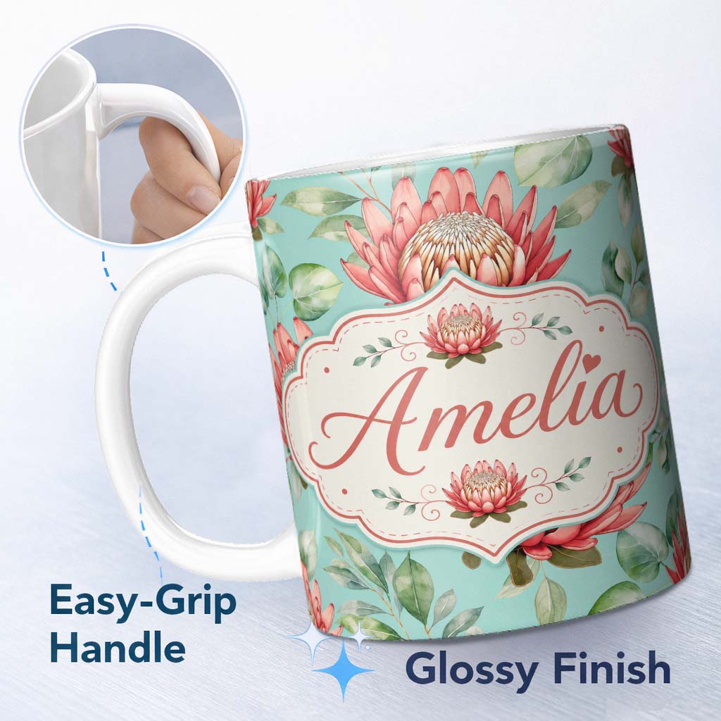 Personalized Custom Name Coral Protea Flowers on Teal Background Seamless Botanical Pattern 11oz Ceramic Coffee Tea Mug White Large Handle