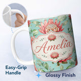 Personalized Custom Name Coral Protea Flowers on Teal Background Seamless Botanical Pattern 11oz Ceramic Coffee Tea Mug White Large Handle