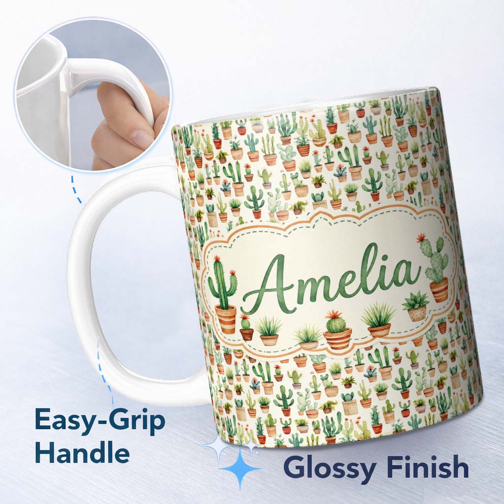 Personalized Custom Name Rustic Desert Potted Cactus Succulent Collection Seamless Pattern 11oz Ceramic Coffee Tea Mug White Large Handle