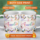 Personalized Custom Name Colorful Watercolor Butterflies on White Background Seamless 11oz Ceramic Coffee Tea Mug White Large Handle