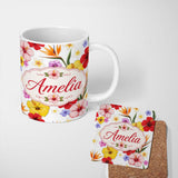Personalized Custom Name Tropical Hibiscus Bird of Paradise Seamless Pattern White Background 11oz Ceramic Coffee Tea Mug White Large Handle