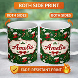 Personalized Custom Name Christmas Stocking Candy Cane Tree Poinsettia Seamless Pattern 11oz Ceramic Coffee Tea Mug White Large Handle
