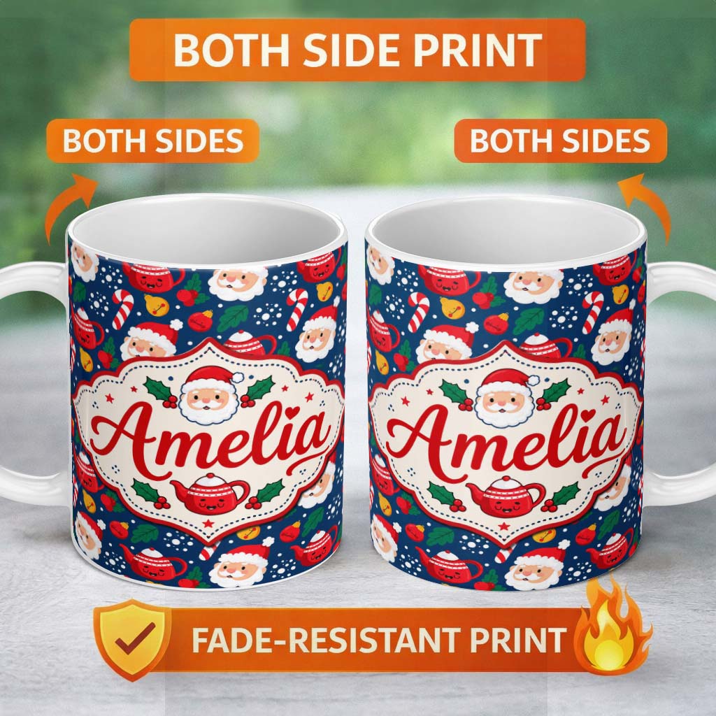 Personalized Custom Name Cute Santa Teapot Candy Cane Holly Seamless Pattern Festive Holiday 11oz Ceramic Coffee Tea Mug White Large Handle