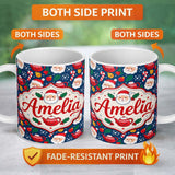 Personalized Custom Name Cute Santa Teapot Candy Cane Holly Seamless Pattern Festive Holiday 11oz Ceramic Coffee Tea Mug White Large Handle