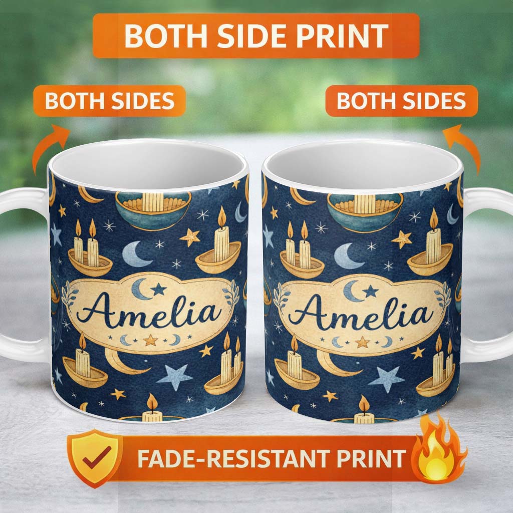 Personalized Custom Name Celestial Botanical Moon Phases Leaves Stars Seamless Pattern Lovely 11oz Ceramic Coffee Tea Mug White Large Handle