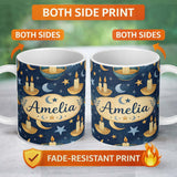 Personalized Custom Name Celestial Botanical Moon Phases Leaves Stars Seamless Pattern Lovely 11oz Ceramic Coffee Tea Mug White Large Handle