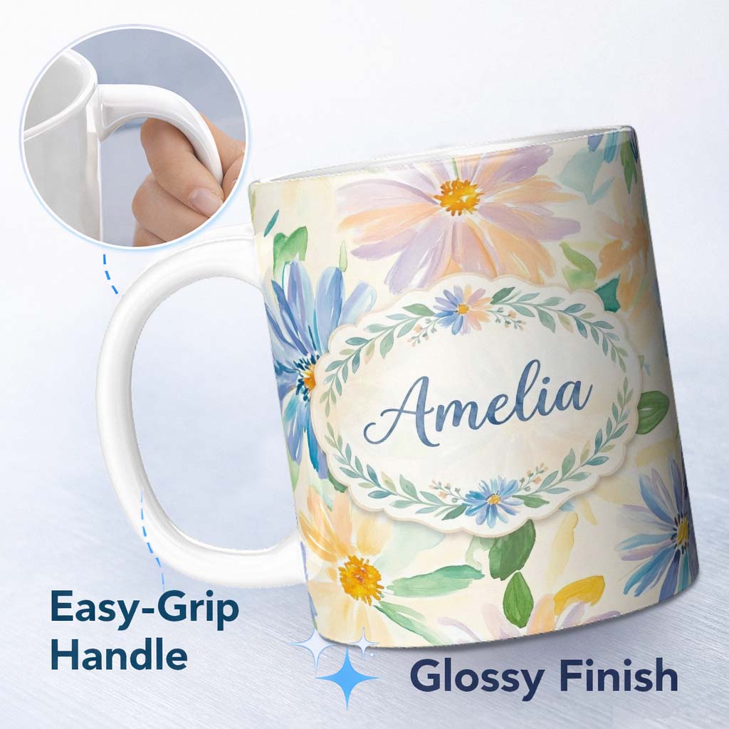Personalized Custom Name Watercolor Blue Floral Botanical Seamless Pattern on Cream Lovely 11oz Ceramic Coffee Tea Mug White Large Handle
