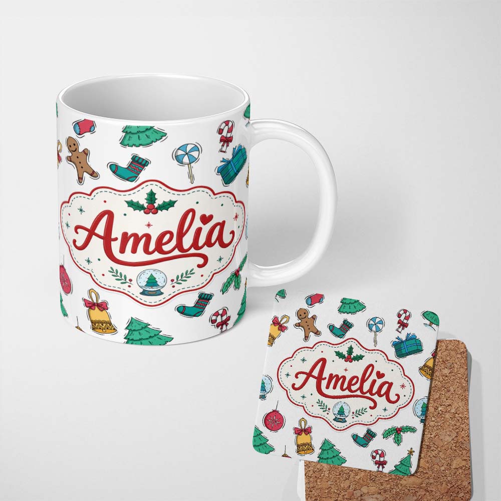 Personalized Custom Name Cute Gingerbread Cookie Ornament Bell Tree Seamless Pattern Lovely 11oz Ceramic Coffee Tea Mug White Large Handle