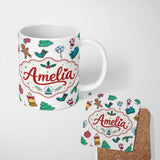 Personalized Custom Name Cute Gingerbread Cookie Ornament Bell Tree Seamless Pattern Lovely 11oz Ceramic Coffee Tea Mug White Large Handle