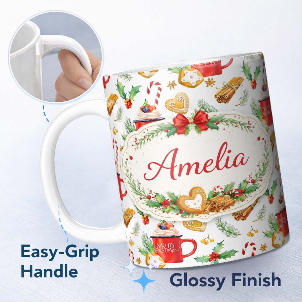 Personalized Custom Name Christmas Mug Candy Cane Gingerbread Festive Pattern Seamless Design 11oz Ceramic Coffee Tea Mug White Large Handle