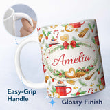 Personalized Custom Name Christmas Mug Candy Cane Gingerbread Festive Pattern Seamless Design 11oz Ceramic Coffee Tea Mug White Large Handle