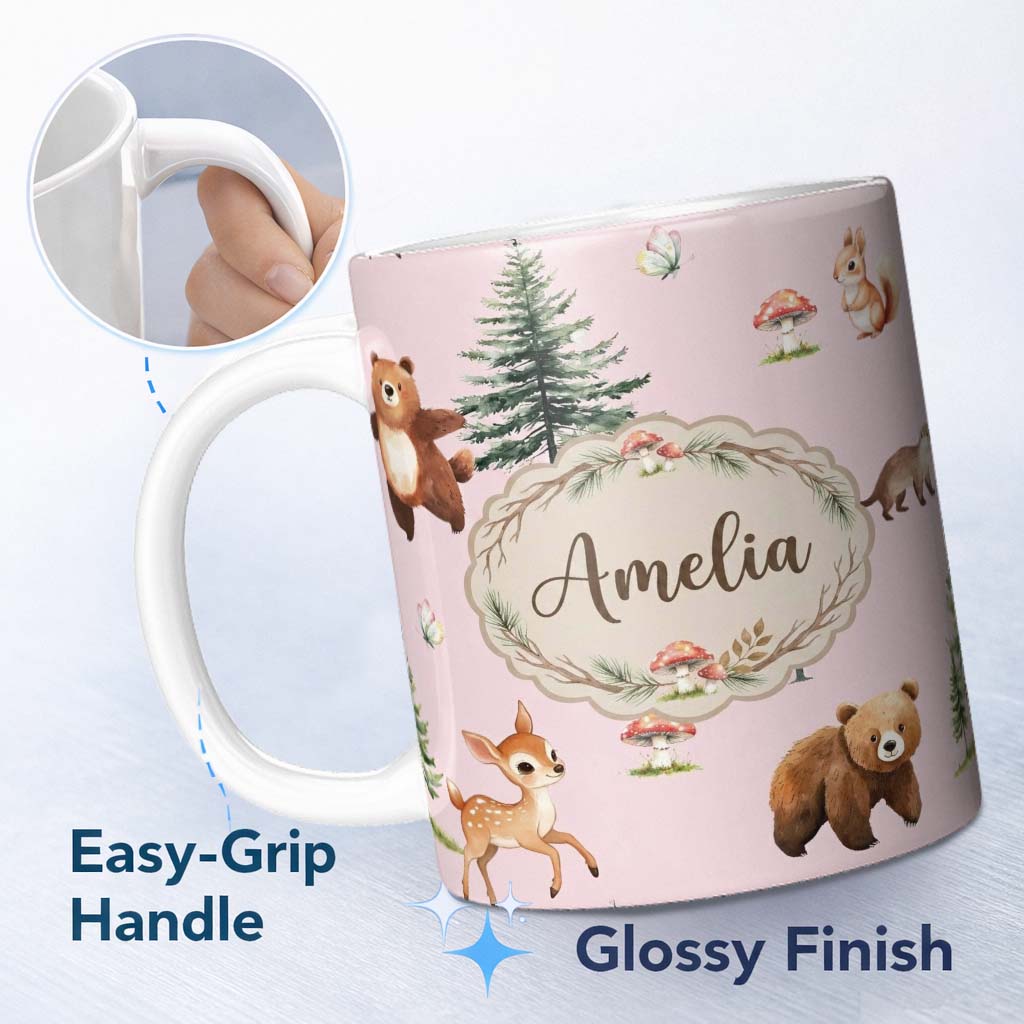Personalized Custom Name Forest Animals Bear Bunny Squirrel Trees on Warm Pink Seamless 11oz Ceramic Coffee Tea Mug White Large Handle