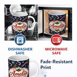 Personalized Custom Name Christmas Candy Cane Holly Snowflakes Dark Seamless Pattern Lovely 11oz Ceramic Coffee Tea Mug White Large Handle